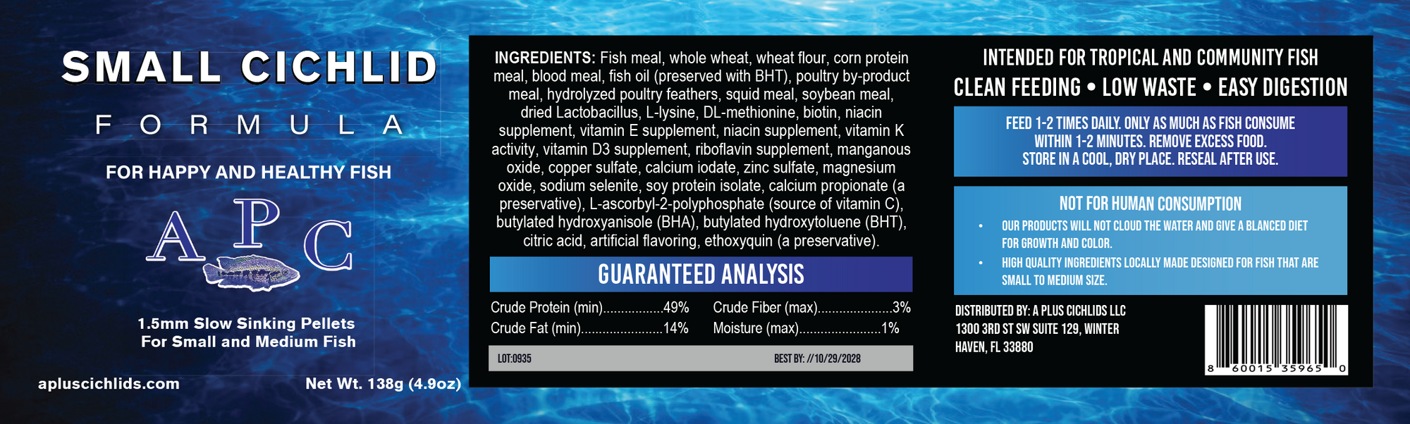 APlus Small Cichlid Formula (1.5mm Slow Sinking Pellets) Wholesale 40ct $6.49 Each label